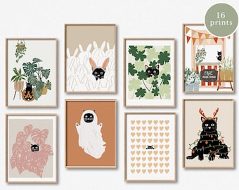 Cat Gallery Wall Art Set of 16, Black Cat Wall Art, Cat Wall Decor, Printable Wall Art, Holiday Cat Prints, Cute Animal Art, PeekaBOO Cat