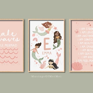 Mermaid Nursery Prints, Personalized Name Wall Art (Set of 3), Digital Download