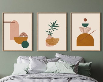 Abstract Wall Art for above bed decor, Gallery Wall Set of 3, Printable Art, Fan Palm Print, Mid Century Modern, Printable Wall Art, Boho