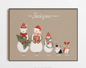 May include: A digital illustration of a family of snowmen with a cat and a tiger. The snowmen are wearing hats and scarves. The text "The Jackson Family" is at the top of the image.