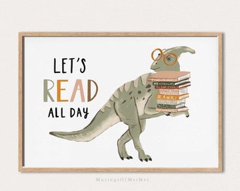 Dinosaur Reading Print, Educational Kids Room Wall Art, (Digital Download)