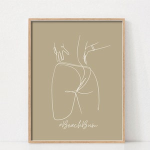 Peut inclure: Un dessin au trait d'une personne en maillot de bain, avec le texte "#BeachBum" en bas de l'image.