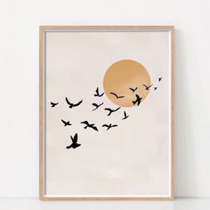 Impresión de puesta de sol, cartel de pájaros voladores, impresión abstracta, arte de pared imprimible, arte de la pared de la naturaleza, arte de la pared costera, decoración moderna de mediados de siglo