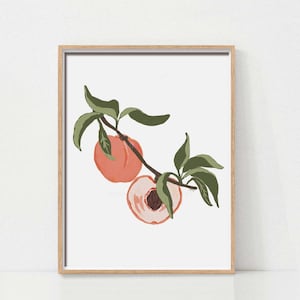 Botanical Peach Print for Kitchen or Dining Room Decor, Printable Wall Art, Hand-Painted Fruit Wall Art, Rustic Farmhouse Poster, Download