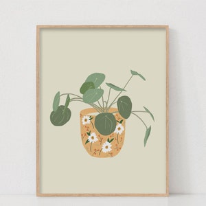 Arte de pared imprimible de planta Pilea, decoración botánica bohemia, ilustración minimalista de maceta floral para amantes de las plantas, decoración de pared para habitación infantil.