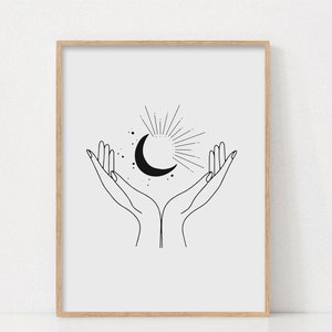 ボヘミアン風天体月プリント、抽象的な月の手（デジタルダウンロード） 画像 1