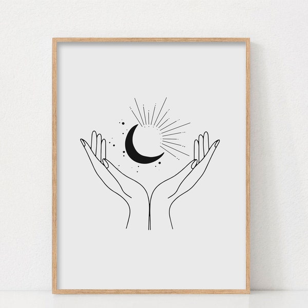 Celestial Moon Print, Boho Print, Printable Wall Art, Abstract Celestial Print, Boho Moon Art Print, Black and White Print, Neutral Wall Art