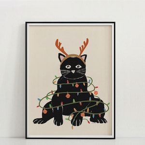 Christmas Cat Art, Christmas Wall Art, Reindeer Cat, Cat Lover Christmas, Printable Wall Art, Cat Print, Gift for Cat Lover, Black Cat Art