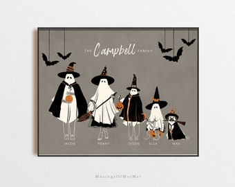 Halloween Family Print, Custom Family Portrait, Halloween Witch Art, Halloween Ghost Print, Printable Wall Art, Custom Family Art with Pets