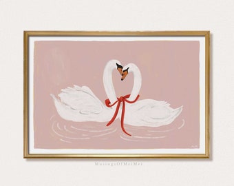 Stampa di cigno, stampa romantica da parete di San Valentino, arte da parete stampabile, arte da parete pastello, arte da parete morbida stampabile, decorazione da camino di San Valentino, decorazione rosa