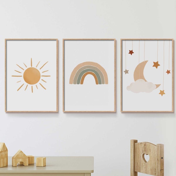 Boho Rainbow Nursery Wall Art Set, Printable Wall Art, You Are My Sunshine Print, Kids Room Decor, Playroom Art, Rainbow Nursery Decor