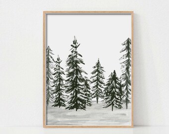 May include: A framed wall art print featuring a watercolor painting of a forest of evergreen trees in shades of dark green and black against a white background. The text MusingsOfMeiMei is printed in small, light gray letters at the bottom center.
