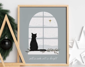 Christmas Art Print, Christmas Holiday Print, Holiday Snow Art, Black Cat Christmas Print, Holiday Wall Decor, Printable Christmas Wall Art