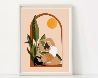 Boho Yoga with Cat Poster - Printable Art, Body Positive Poster, Self Love Art, Yoga Studio Poster, Yoga Poster, Gift for Yogi, Cat Mum