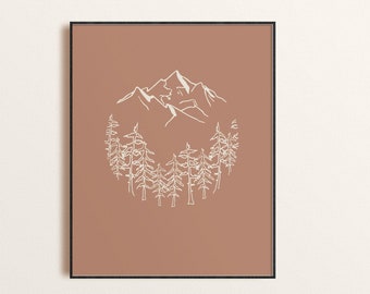 Forest print wall art for home gallery wall, Mountain printable art with simple lines, Minimalist print of hills, Boho minimal style, Travel