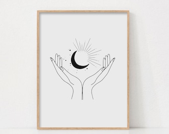 Celestial Moon Print, Boho Print, Printable Wall Art, Abstract Celestial Print, Boho Moon Art Print, Black and White Print, Neutral Wall Art