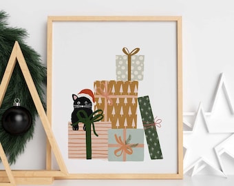 Christmas Cat Print, Christmas Printables, Christmas Presents Art Print, PeekaBOO Cat Wall Art, Christmas Wall Art, Cat Lover Decor, Cat Art