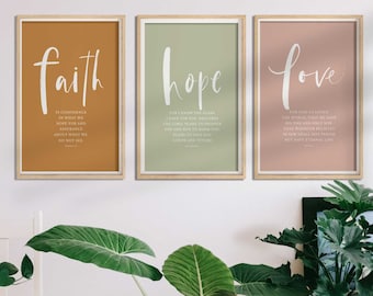 Faith Hope Love Bible Verse Wall Art Set of 3 Prints, Gallery Wall Set, Scripture Quote, Hebrews 11, Jeremiah 29, John 3 16, Living Room Art