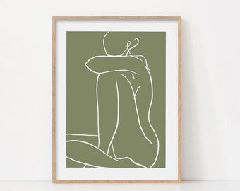 Woman Body Line Art, Printable Wall Art, Abstract Female Figure Print, Boho Line Art Print, Body Positive Art, Sage Green Print