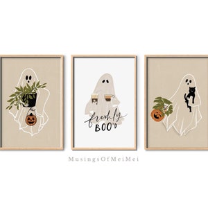 Geist-Halloween-Wand-Kunst-Set, frisch Boo'd druckbare Dekor, gruselige Geist-Kunst mit Pflanzen und Kaffee, gemütliche Halloween digitale Downloads