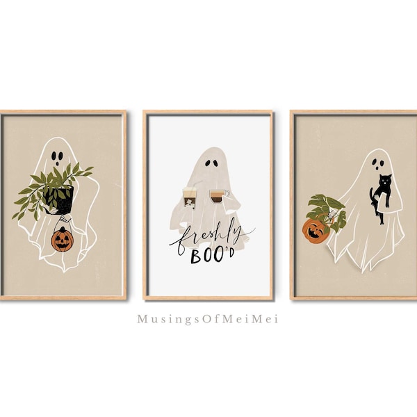 Halloween Cute Ghost Prints, Set of 3 Wall Art, Printable Wall Art, Neutral Halloween Prints, Plant Lover Halloween, Halloween Cat Print