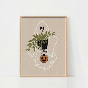Puede incluir: Un fantasma blanco sosteniendo una planta en maceta y una pequeña calabaza naranja. El fantasma tiene dos ojos negros y una boca. El fondo es de color marrón claro.