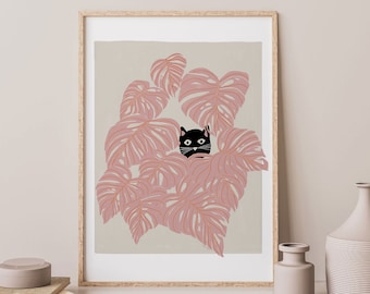 Peekaboo Cat Plant Wall Art, Cat Lover Art, Cat Poster for Cat Moms, Cute Cat Print, Neutral Color Art, Printable Wall Art, Cat Lover Gift