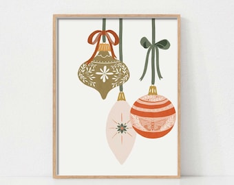 Adornos de árbol de Navidad arte de pared imprimible, decoración navideña vintage, impresiones navideñas boho, arte navideño, decoración de arte navideño descargable