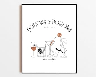 Halloween Decor, Bar Cart Art, Bar Art Prints, Printable Wall Art, Halloween Kitchen Art, Bar Cart Decor, Drinks Line Art, Halloween Drinks
