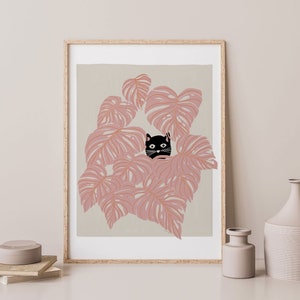 Peekaboo Cat Plant Wall Art, Cat Lover Art, Cat Poster for Cat Moms, Cute Cat Print, Neutral Color Art, Printable Wall Art, Cat Lover Gift image 1