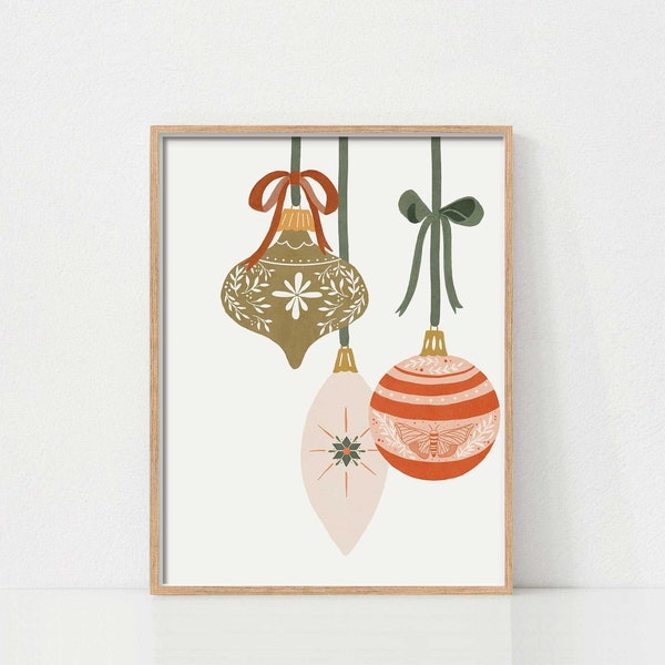 Christmas Tree Ornaments Printable Wall Art, Vintage Christmas Decor, Boho Christmas Prints, Christmas Art, Downloadable Christmas Art Decor