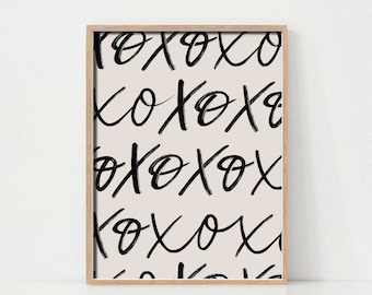 May include: A printable art print with a light pink background and a black and white pattern of the letters "XOXO" repeated throughout the design.