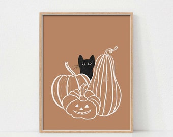 Halloween Cat and Pumpkin Art, Halloween Wall Art, Halloween Poster, Halloween Decor for Cat Lovers, Printable Halloween Wall Art, Fall Art