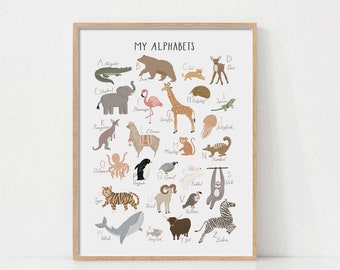 Animal Alphabet Poster, Printable Wall Art, ABC Poster, Rainbow Kids Room Decor, Nursery Posters, Neutral Boho Nursery,  Educational Posters
