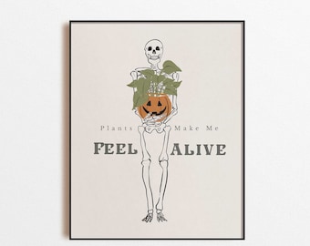 Halloween Wall Art Printable, Halloween Skeleton, Halloween Plant Lover Art, Halloween decor, Vintage Halloween Print, Halloween Poster