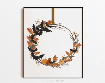 Halloween Fall Wreath Printable Wall Art, Digital Download Autumn Decor with Pumpkins Bats and Leaves, Rustic Halloween Home Print