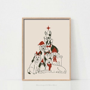 Puede incluir: Una ilustración digital de un árbol de Navidad hecho de perros que llevan sombreros y bufandas festivos. Los perros están dispuestos en forma de pirámide, con el perro más pequeño en la parte superior y el perro más grande en la parte inferior. El árbol está decorado con una estrella roja en la parte superior.