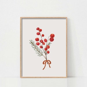 Christmas Wall Art, Christmas Berries, Scandinavian Christmas Art, Holiday Decor, Christmas Printables, Digital Download Art, Watercolor Art