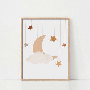Impresión de luna y estrellas bohemia de ensueño para la decoración de la habitación de un bebé, póster neutro para habitación de bebé, decoración de dormitorio infantil, impresión de luna y estrellas para habitación de bebé, descarga digital