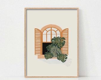 Botanical House Plant Art Print, Monstera Plant Wall Art, Plant Poster, Plant Print, Boho Prints, Printable Wall Art, Window Plant Art Print