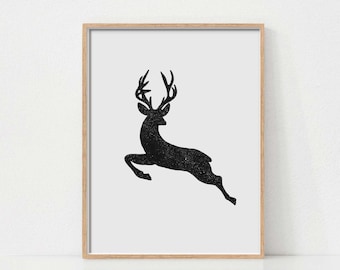 Black and White Christmas Reindeer Art, Modern Christmas Wall Art, Christmas Art Print, Printable Wall Art, Minimalist Print, Holiday Decor