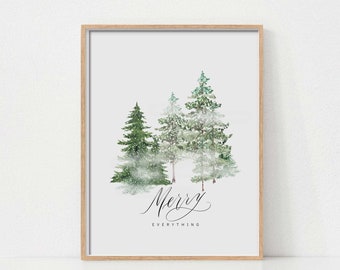 Christmas Tree Print, Snowy Christmas Trees, Watercolor Christmas Print, Christmas Art, Winter Forest Print, Printable Wall Art, Pine Trees