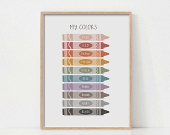 Educatieve print kleuren, decor regenboog kinderkamer, afdrukbare muurkunst, decor homeschool, decor boho kinderkamer, decor montessori, kleurenposter