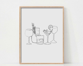 Puede incluir: Dibujo de línea de cinco copas de cóctel diferentes, que incluyen una copa de martini, una copa alta, una copa de vino y dos copas más. Todas las copas están dibujadas en tinta negra sobre un fondo blanco.