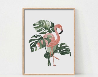 Flamingo Print, Tropical Monstera Leaf Wall Art (Digital Download)