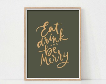 Christmas Printable Wall Art, Christmas Bar Cart Art, Eat Drink and Be Merry Quote Print, Vintage Christmas Decor, Digital Download Art