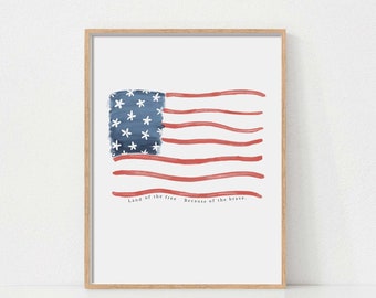 Fourth of July Flag Art, Watercolor Flag Print, Printable Wall Art, Red Blue White Art, Patriotic Art, Digital Download, 4th of July Quote