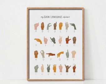 American Sign Language Print, Alphabet Sign Language Poster, Printable Wall Art, Boho Classroom Decor, Classroom Educational Poster, ABC Art
