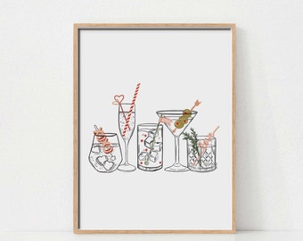 Bar Cart Drinks Print, Dekoracja Walentynkowa, Drukowalna Sztuka Ścienna, Sztuka Ścienna Napoje, Sztuka Ścienna Napoje Koktajlowe, Sztuka Ścienna z Napojami, Pobierz