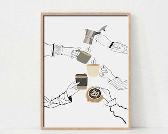 Coffee Poster, Printable Wall Art, Coffee Art, Coffee Bar Print, Coffee Wall Art, Coffee Hands Print, Retro Coffee print, Kitchen Wall Art